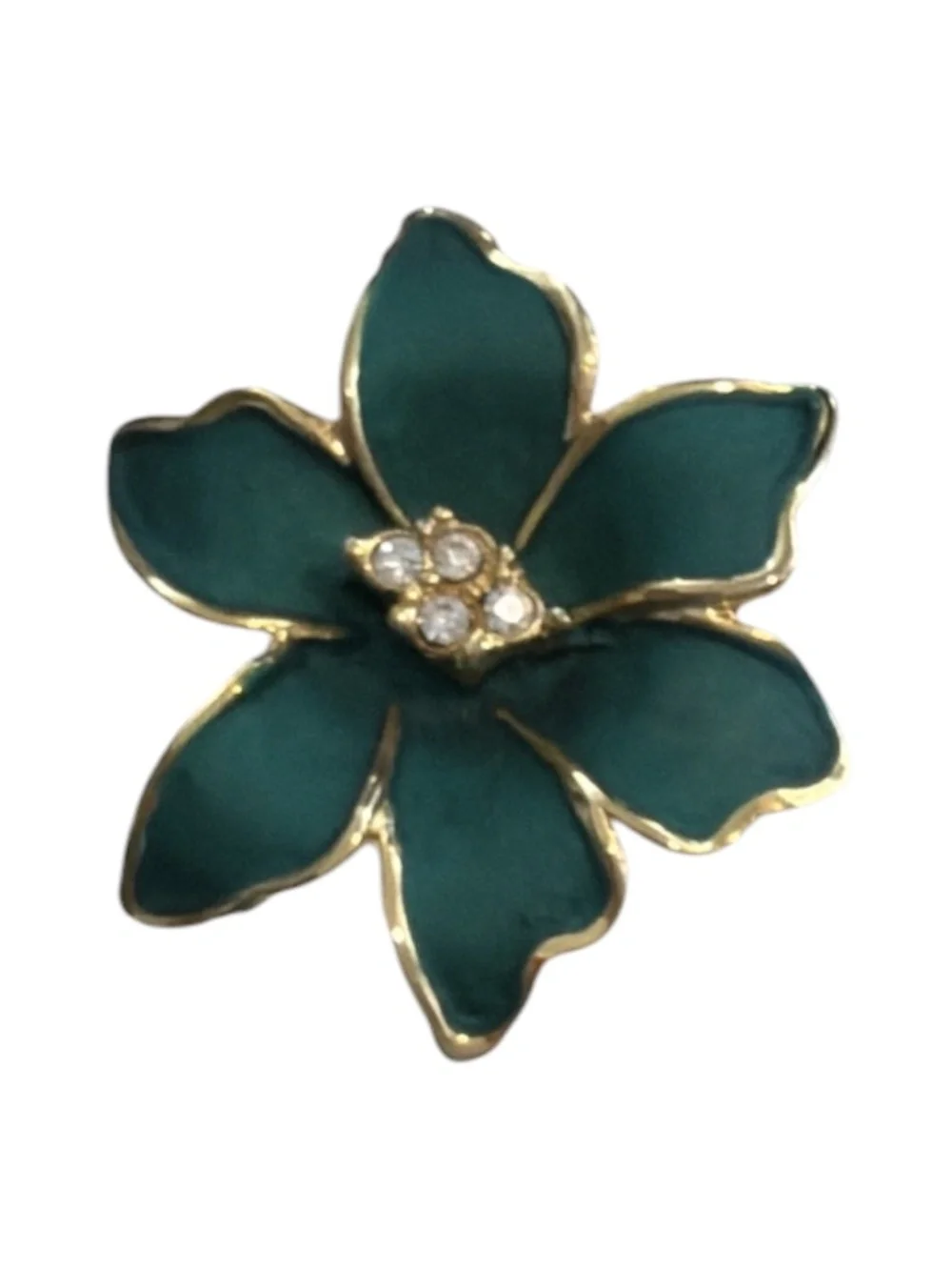 Vintage Green Enamel Flower Brooch with Rhinestone Center